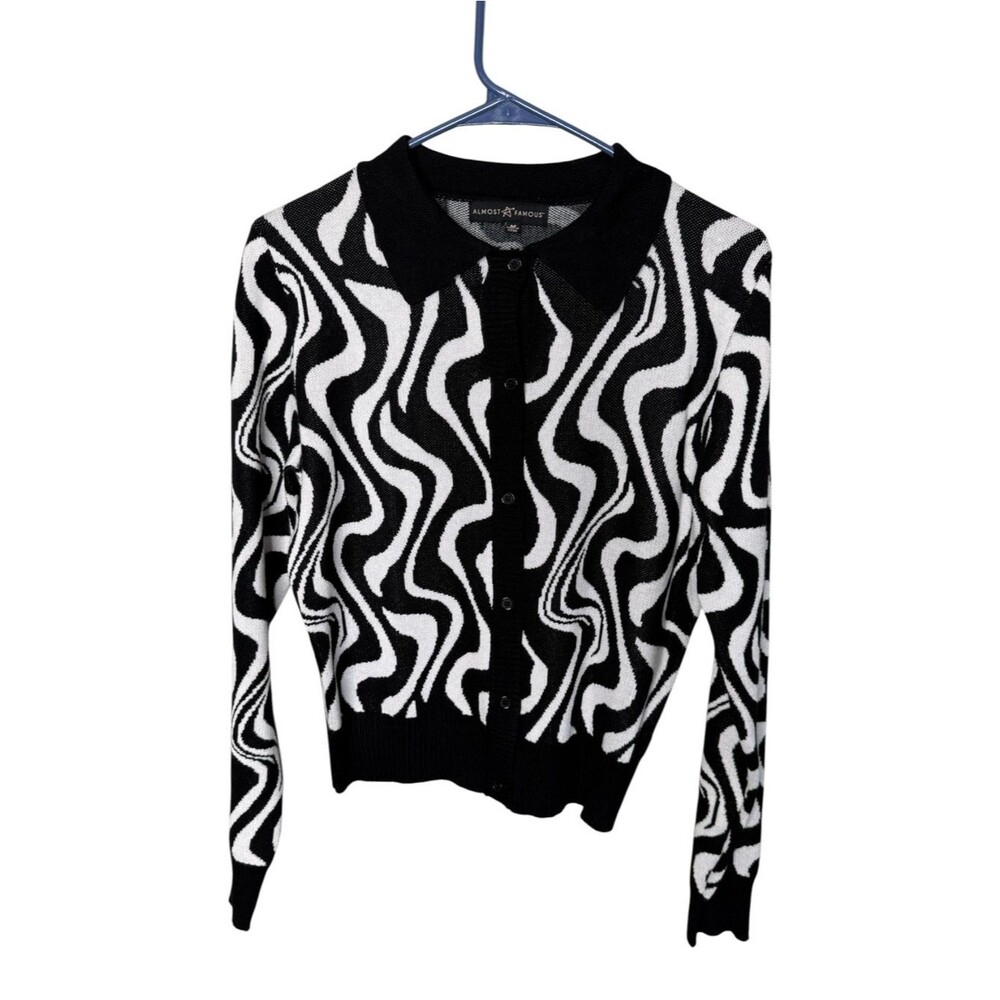 Almost Famous Black White Swirl Knit Polo Cardigan Sweater Size M Medium Retro